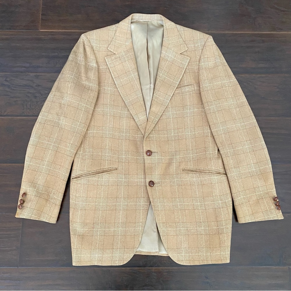 Mayco Men’s Store 100% Fine Camel Hair Sports Coat 2 Button Check Pattern Sz 42R